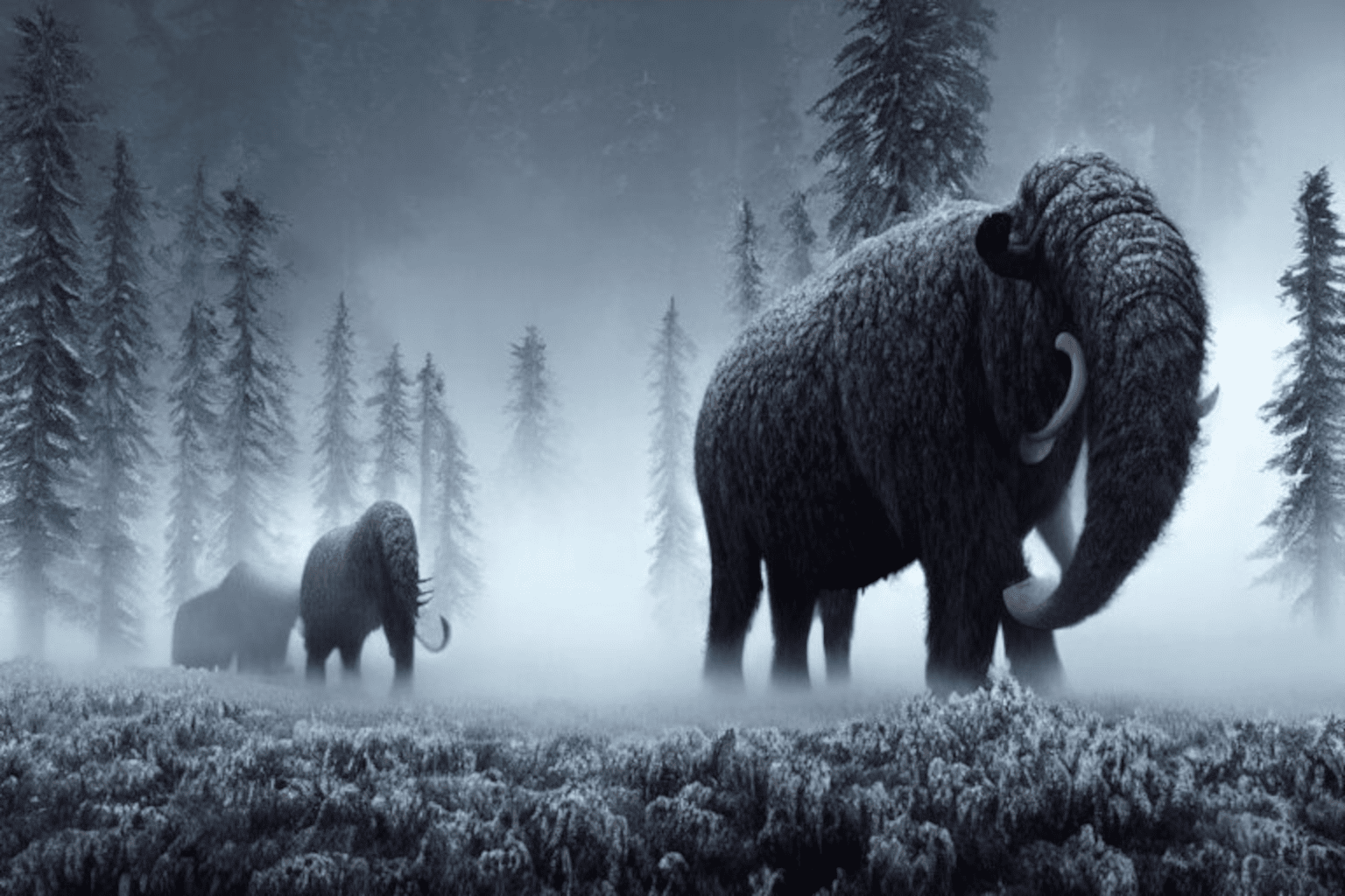 Several Woorly Mastodons ina snowy forest