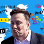 A frowning Elon Musk against Twitter logos, with a bunch of media and Fediverse logos surrounding him.
