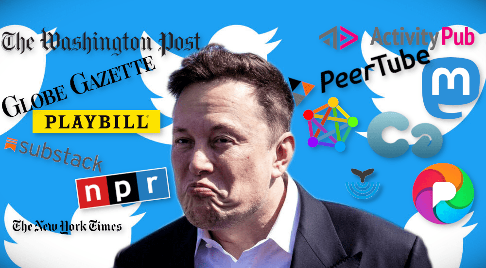 A frowning Elon Musk against Twitter logos, with a bunch of media and Fediverse logos surrounding him.