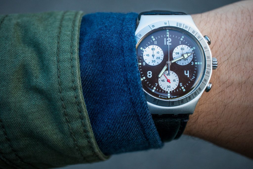Looking at wristwatch, checking the time